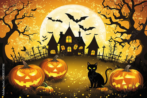 Festive Halloween Background with Spooky House, pumpkins and black cat