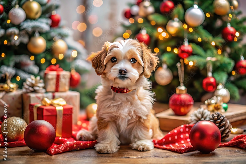 Adorable Christmas Puppy Surrounded by Festive Decorations and Holiday Cheer in Cozy Home Setting Adorable Christmas Puppy Surrounded by Festive Decorations and Holiday Cheer in Cozy Home Setting