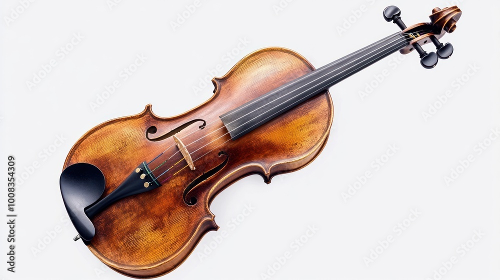 Obraz premium A vintage violin with a rich, brown varnish lies on a white background.