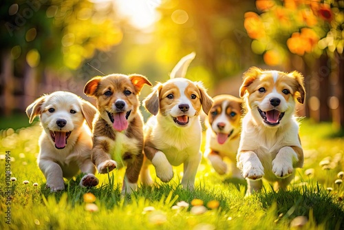 Adorable Happy Puppies Playing Together in a Sunny Outdoor Setting Full of Joy and Energy