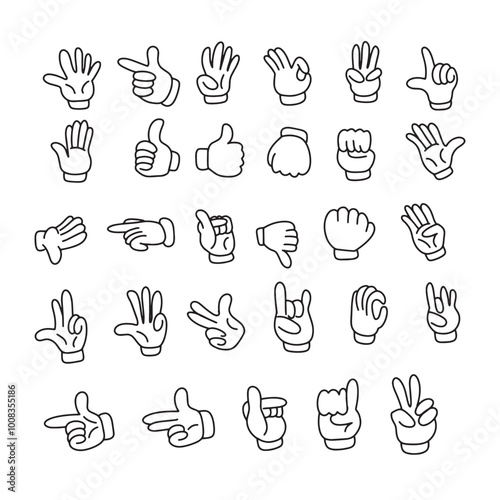 set of comic hand character element stock. outline black hand sign or symbol. one, two, three, four, peace, five, thumb, like hand