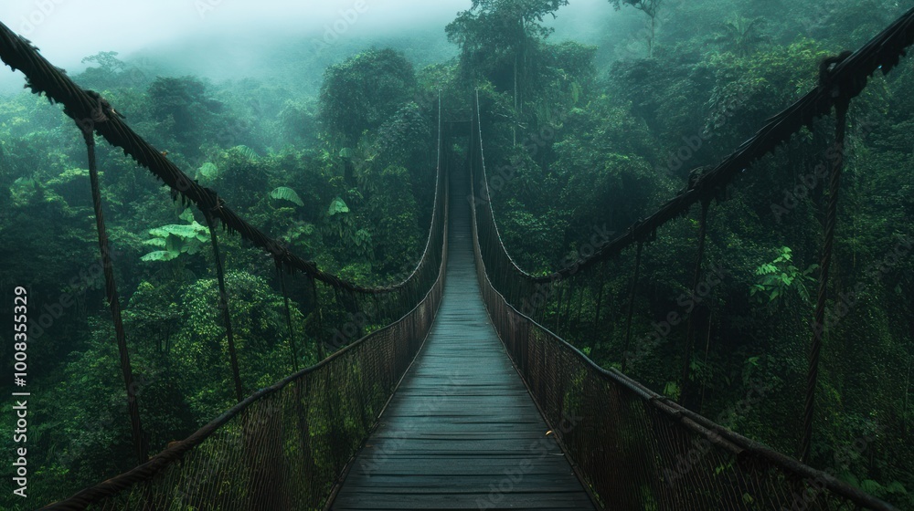 Fototapeta premium A wooden bridge with metal railings leading through a misty forest.