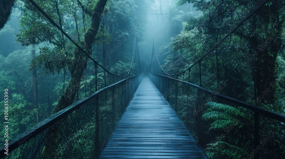 Fototapeta premium Wooden suspension bridge in a misty green forest.