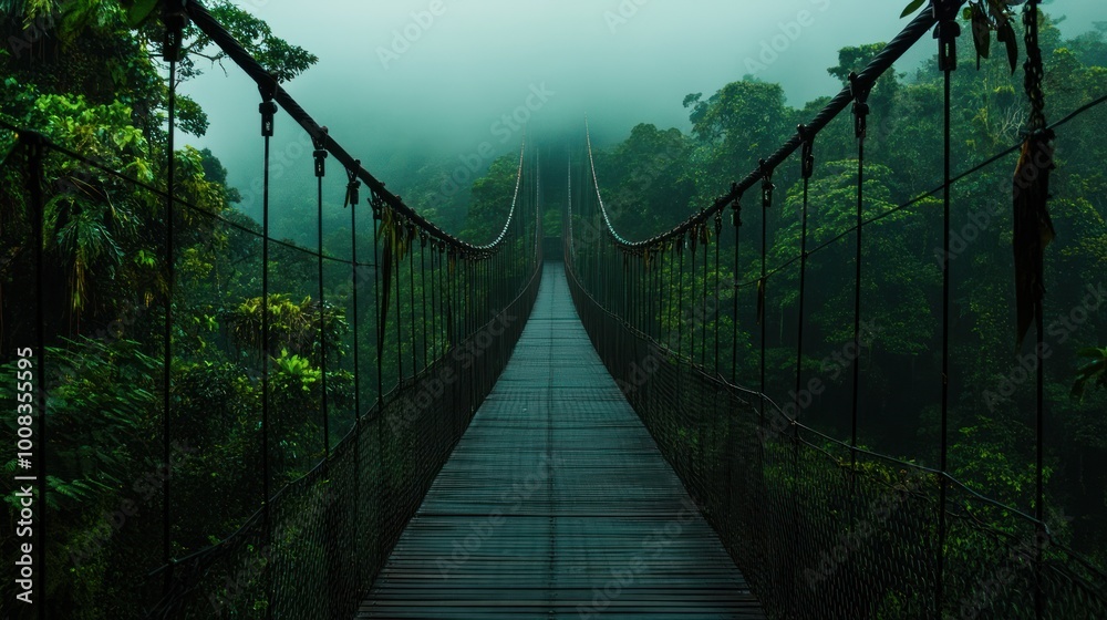 Obraz premium A wooden bridge, surrounded by thick jungle and fog, stretches into the distance.