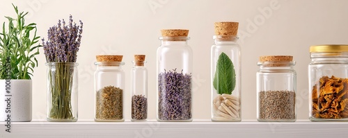 A serene display of herbs and spices in glass jars, showcasing natural ingredients organized on a shelf against a neutral background.