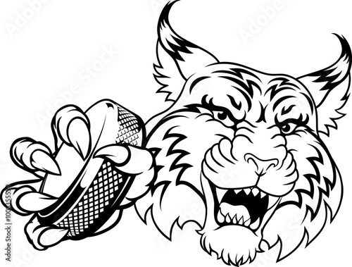 A wildcat or bobcat ice hockey team cartoon animal sports mascot