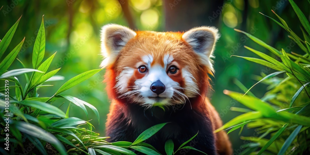 Obraz premium Adorable Red Panda Bear in Natural Habitat Surrounded by Lush Greenery and Bamboo Forests