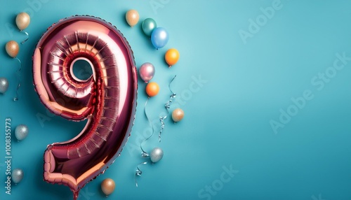 Banner with number 9 colorful balloons with copy space