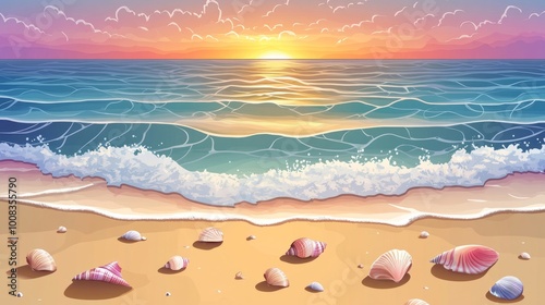 A scenic beach sunset with foamy waves and scattered seashells on the sandy shore.