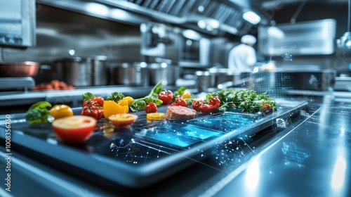 Modern Smart Kitchen Technology with Food and Digital Overlay