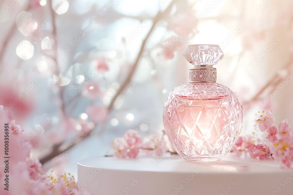 Perfume Bottle with Delicate Pink Flowers Illustration Perfume Bottle with Delicate Pink Flowers Illustration