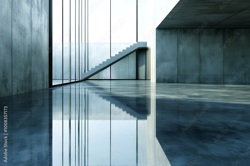 Modern interior space with reflective floor and minimalist staircase. Modern interior space with reflective floor and minimalist staircase.