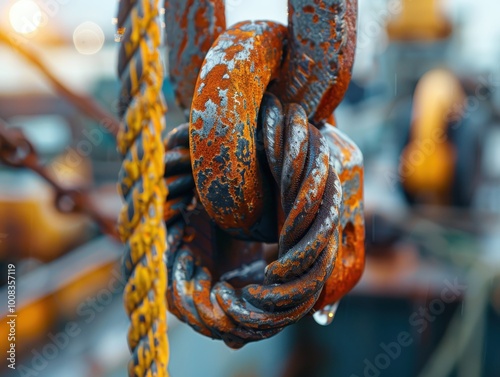 Close-up of a rusty metal chain link with rope, displaying weathered textures. photo