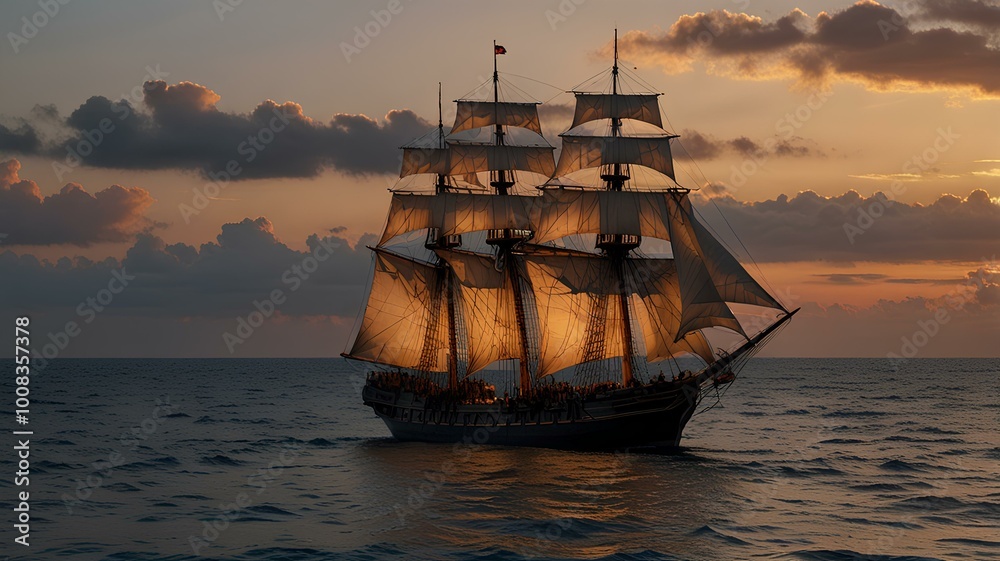 Fototapeta premium Ancient carrack sailing ship navigating calm ocean at sunset.