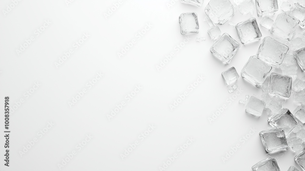 Fototapeta premium A clean white background with a light, clear, brilliant and shiny, ice cubes subtly etched into the corner. For card, invitation, web, social media, presentation, slide show, marketing, advertising.