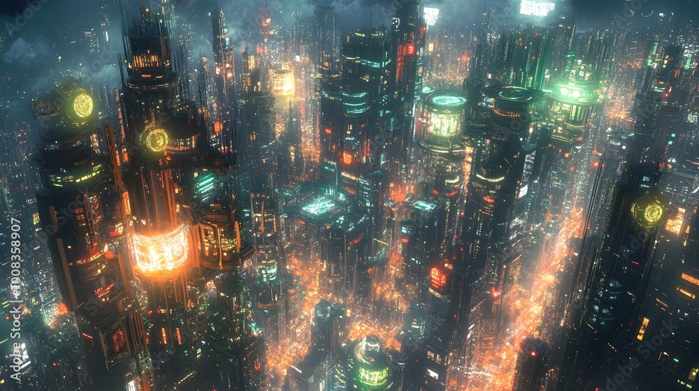 Futuristic Metropolis with Glowing Skyscrapers and Illuminated Cityscape at Night Futuristic Metropolis with Glowing Skyscrapers and Illuminated Cityscape at Night