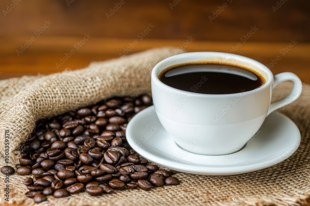 Aromatic morning coffee with fresh beans on burlap Aromatic morning coffee with fresh beans on burlap