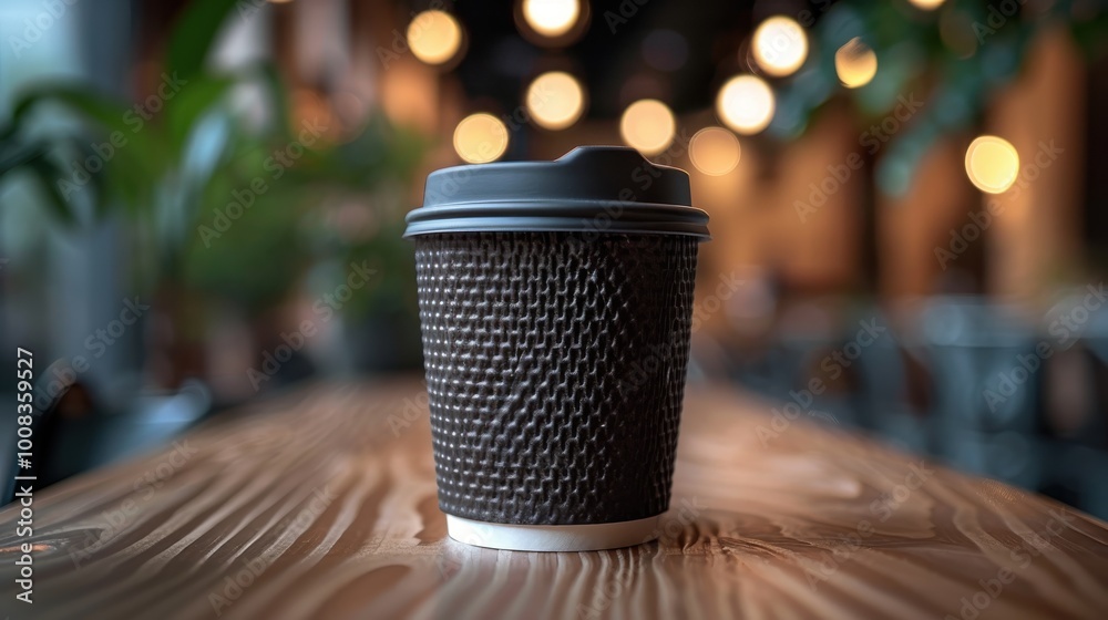 Coffee cup on wooden table with blurred background and warm lighting Coffee cup on wooden table with blurred background and warm lighting