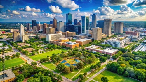 Aerial View of University Campus with Modern Architecture and Green Spaces in Downtown Houston photo