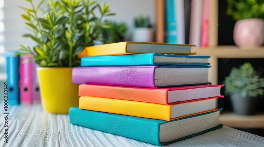 Colorful stacked books beside a vibrant plant on a wooden table. Colorful stacked books beside a vibrant plant on a wooden table.