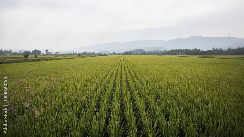 Large green rice field with green rice plants in rows. made with generative Ai
Large green rice field with green rice plants in rows. made with generative Ai