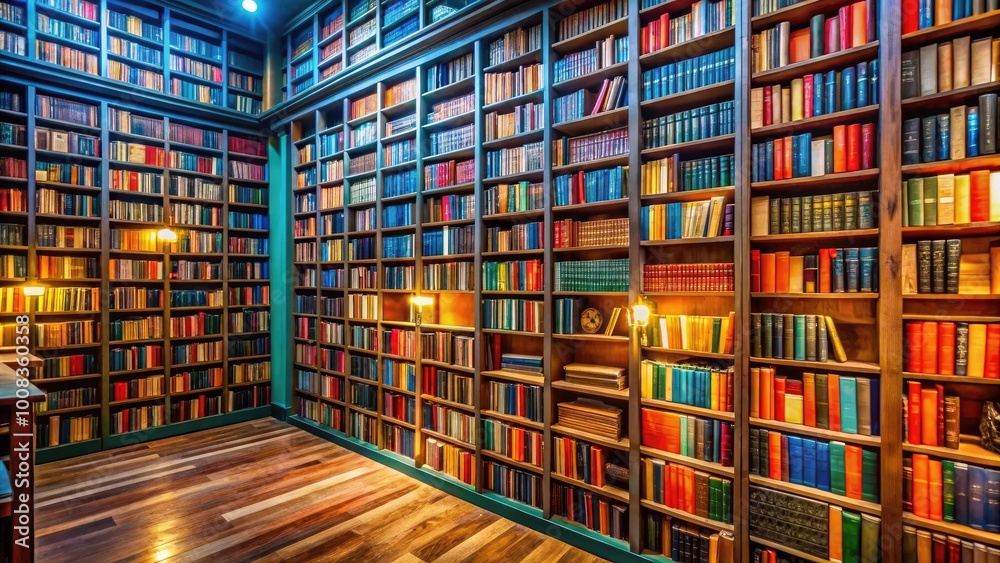 Aisles of Knowledge: Colorful Library Bookshelves Filled with Various Books and Literature Collections Aisles of Knowledge: Colorful Library Bookshelves Filled with Various Books and Literature Collections