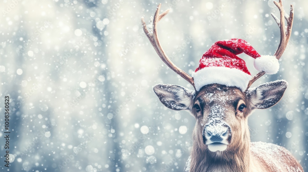 Festive reindeer in santa hat with snowy backdrop Festive reindeer in santa hat with snowy backdrop