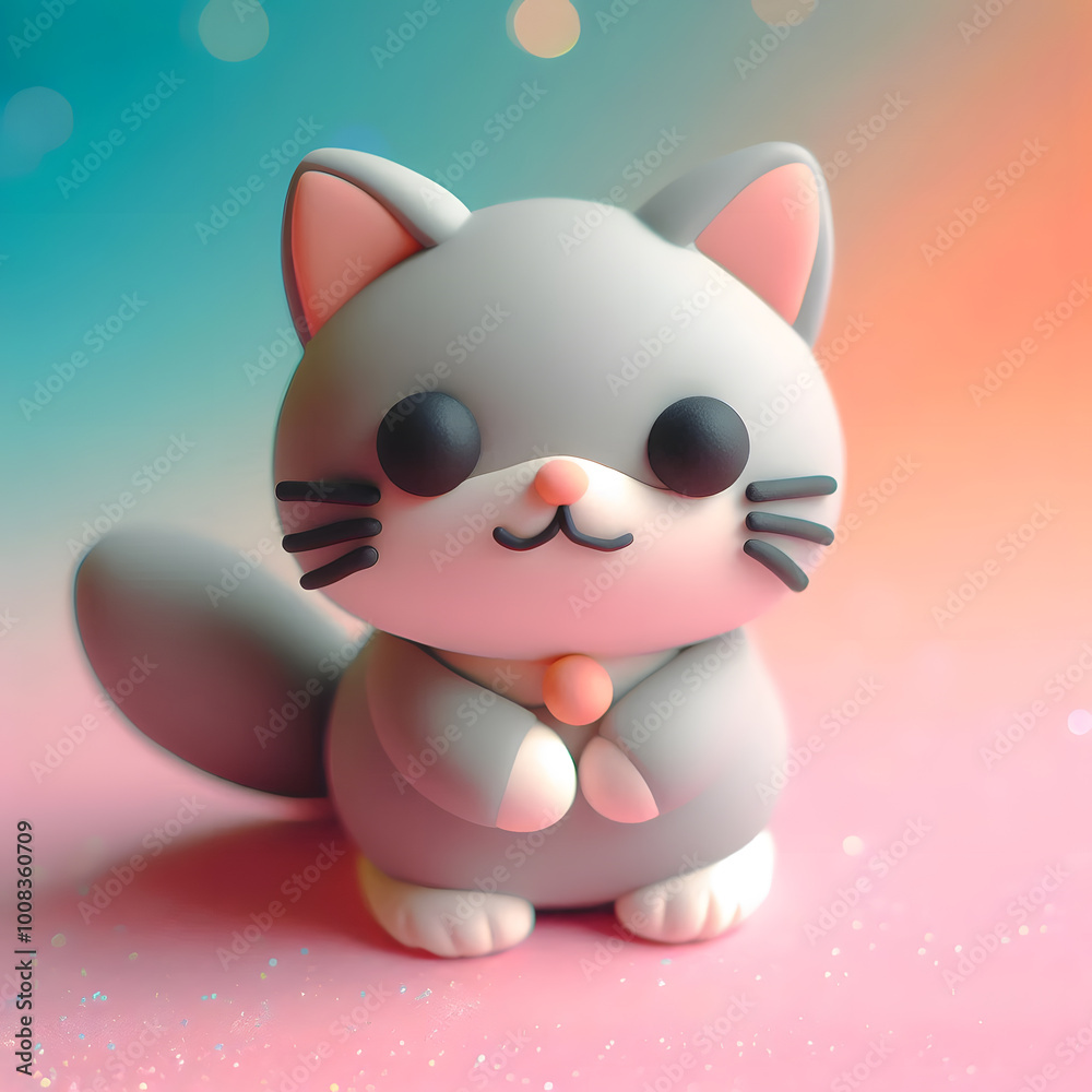 Cute and Whimsical Clay Figurine of an Adorable Cat with Big Eyes Cute and Whimsical Clay Figurine of an Adorable Cat with Big Eyes
