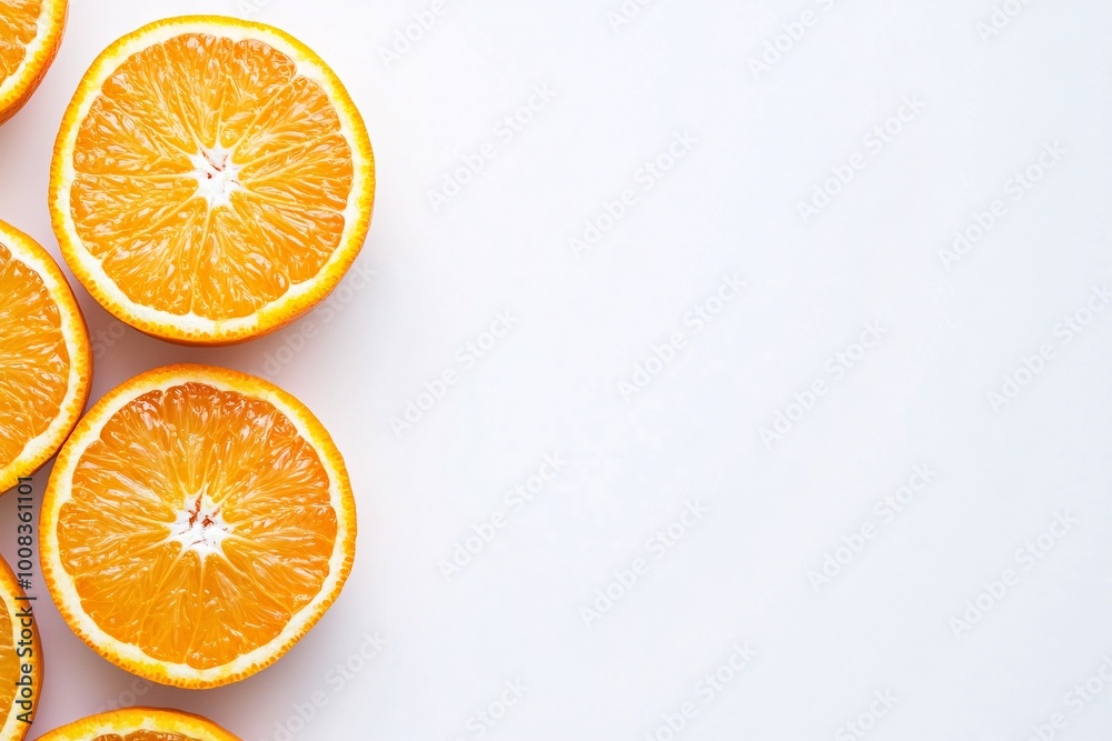 Fototapeta premium Freshly cut organic orange slice with vibrant orange juice isolated on a white background, copy space