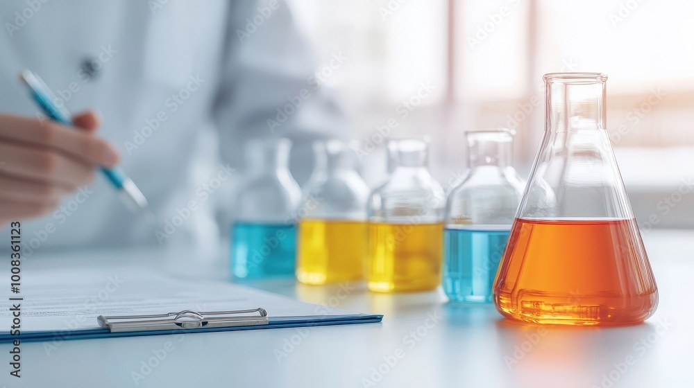 A researcher's hand flipping through a research book, with chemical solutions and glassware nearby. Bright lighting, clean white background. A researcher's hand flipping through a research book, with chemical solutions and glassware nearby. Bright lighting, clean white background.