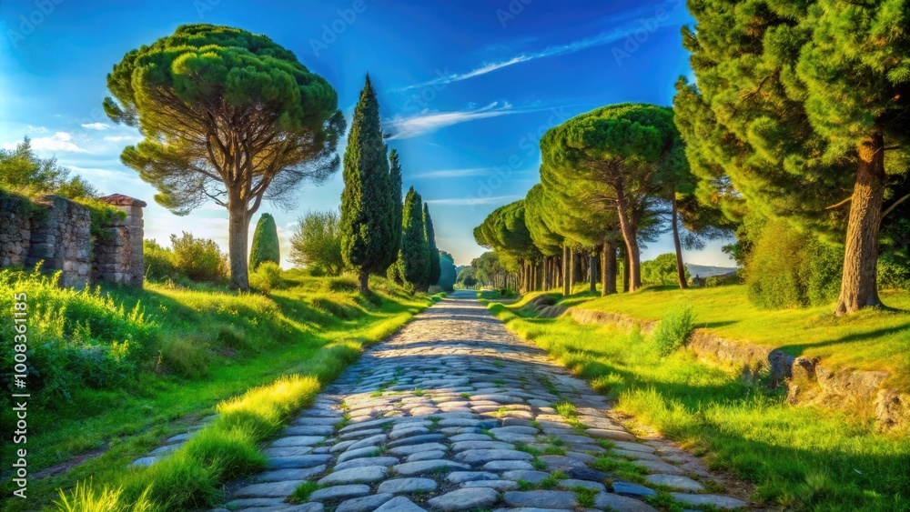Ancient Appian Way stone road leading through lush green landscape under a clear blue sky Ancient Appian Way stone road leading through lush green landscape under a clear blue sky