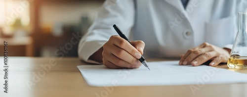 A hand in a lab coat writing on a research paper, with a microscope and test tubes in the background. Bright lighting, clean white background.