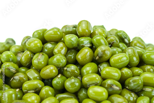 Group of green mung beans or mungo beans or mongo beans isolated on white background with clipping path closed up. Used as ingredient in both savoury and sweet dishes. photo