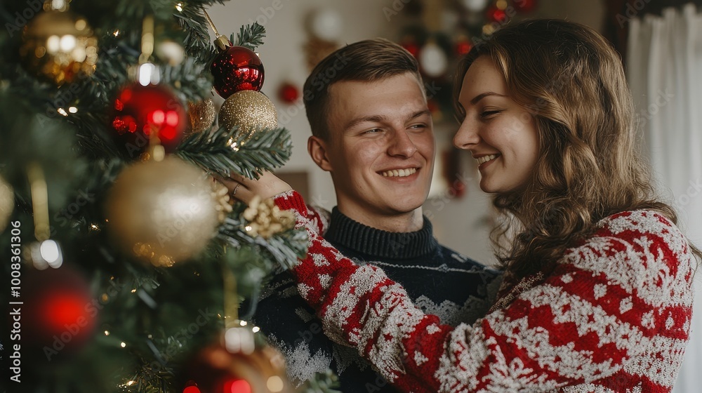 A couple is decorating a Christmas tree with ornaments A couple is decorating a Christmas tree with ornaments