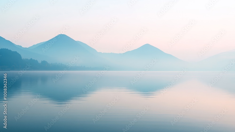 A serene and peaceful landscape with mountains and a lake reflecting the sky in a hazy, dreamy atmosphere. A serene and peaceful landscape with mountains and a lake reflecting the sky in a hazy, dreamy atmosphere.