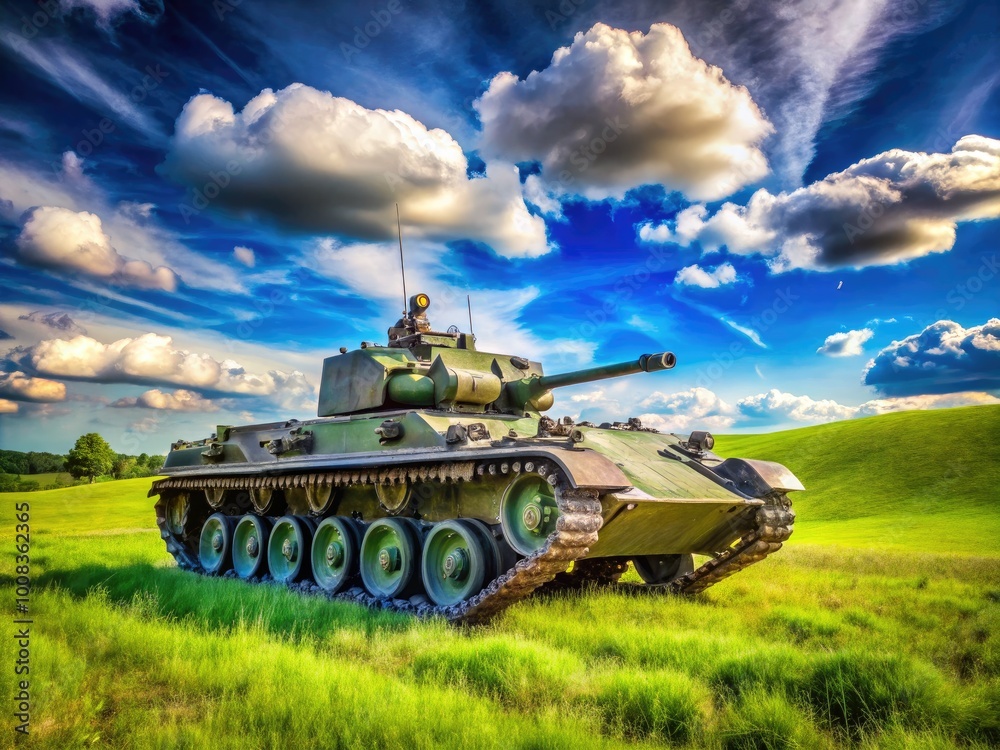 Fototapeta premium Armored Military Tank on Display in an Open Field Surrounded by Green Grass and Blue Sky