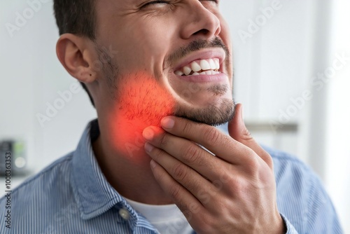 Man suffering jaw pain, facial inflammation or tmj disorder photo