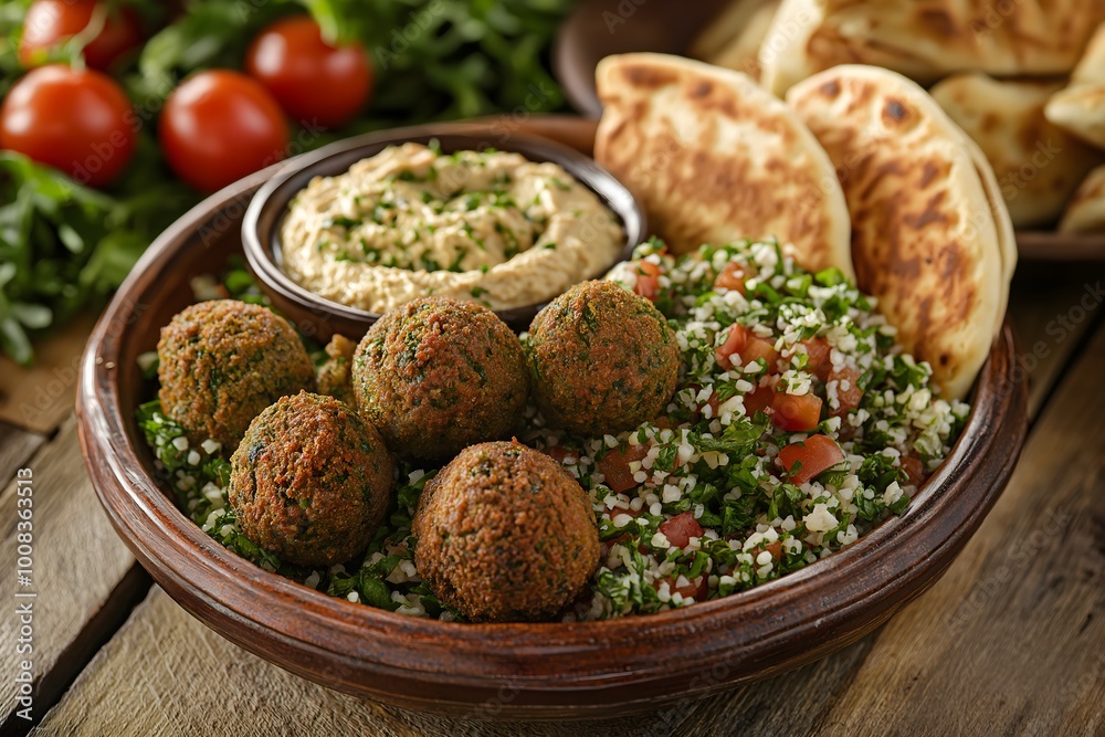 A Baked Falafel With A Side Of Tabbouleh Salad, Hummus, And Warm Pita Bread, Served On A Rustic Platter, Healthy Food Photography, Food Healthy Menu Style Photo Image A Baked Falafel With A Side Of Tabbouleh Salad, Hummus, And Warm Pita Bread, Served On A Rustic Platter, Healthy Food Photography, Food Healthy Menu Style Photo Image
