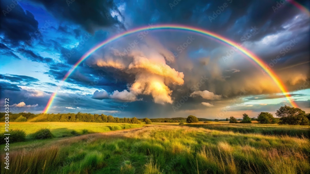 A Stunning Rainbow Arches Across the Sky After a Rain Shower in a Vibrant Natural Landscape A Stunning Rainbow Arches Across the Sky After a Rain Shower in a Vibrant Natural Landscape