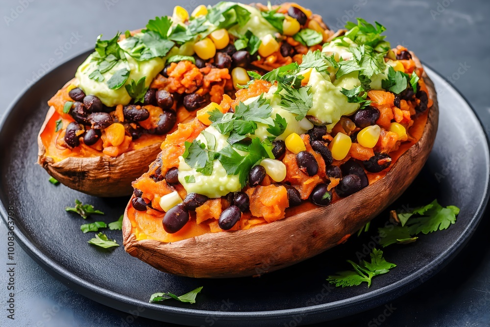 A Baked Sweet Potato Stuffed With Black Beans, Corn, Fresh Cilantro, And A Tangy Lime Avocado Crema, Served On A Slate Plate, Healthy Food Photography, Food Healthy Menu Style Photo Image A Baked Sweet Potato Stuffed With Black Beans, Corn, Fresh Cilantro, And A Tangy Lime Avocado Crema, Served On A Slate Plate, Healthy Food Photography, Food Healthy Menu Style Photo Image