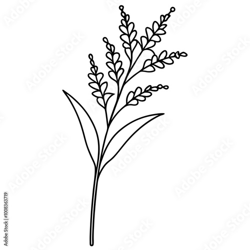 Vector Illustration of a Stem of Goldenrod with Dense Clusters of Tiny Flowers in a Bright Field
