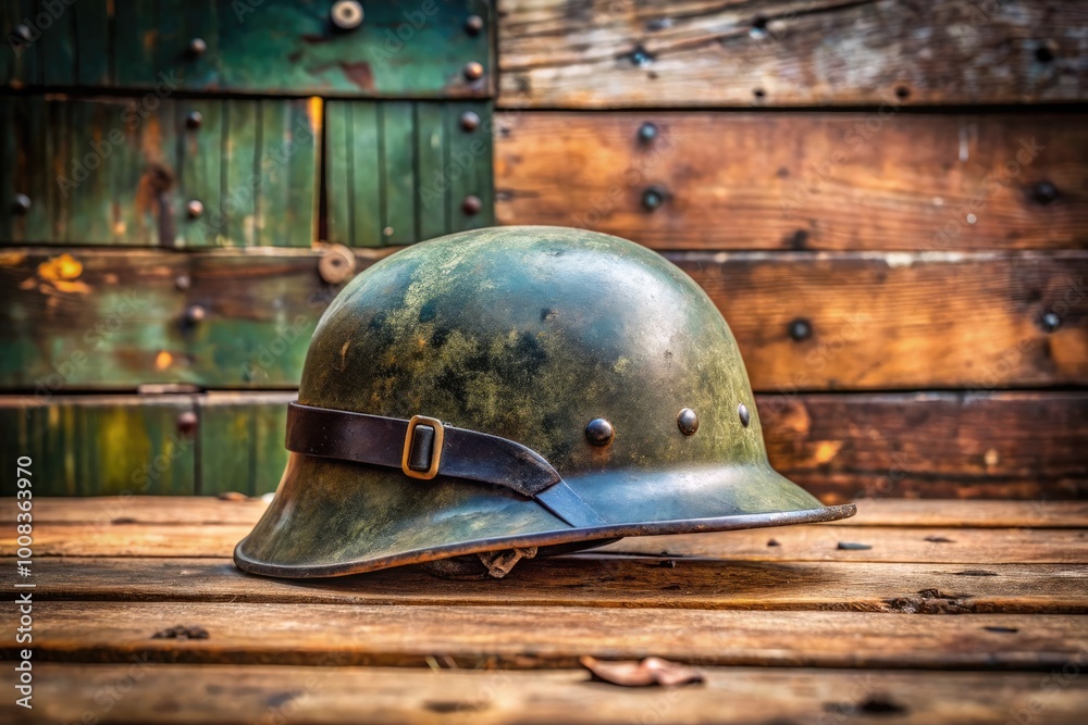 Fototapeta premium Authentic German WWII Helmet Displayed on Rustic Wooden Background with Historical Context