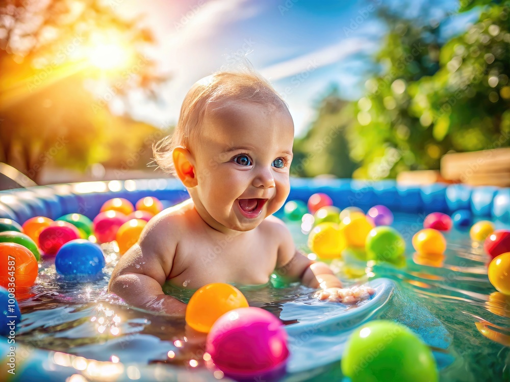Baby Enjoying a Fun Swimming Experience in a Colorful Pool with Toys and Bright Sunlight Around Baby Enjoying a Fun Swimming Experience in a Colorful Pool with Toys and Bright Sunlight Around