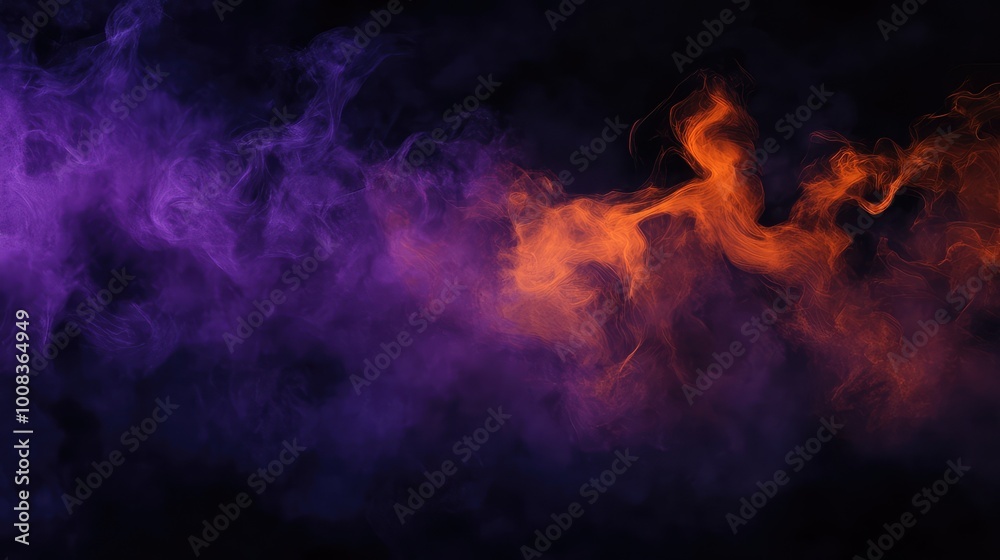 Fototapeta premium Dark, swirling forms with sharp edges in deep purple and neon orange, floating against a misty black backdrop, creating an unsettling Halloween atmosphere.