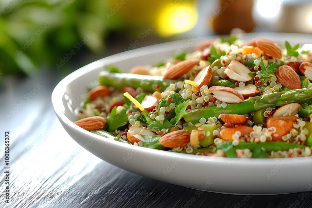 A Grilled Asparagus And Quinoa Salad With Lemon Zest, Roasted Almonds, And A Touch Of Olive Oil, Healthy Food Photography, Food Healthy Menu Style Photo Image A Grilled Asparagus And Quinoa Salad With Lemon Zest, Roasted Almonds, And A Touch Of Olive Oil, Healthy Food Photography, Food Healthy Menu Style Photo Image