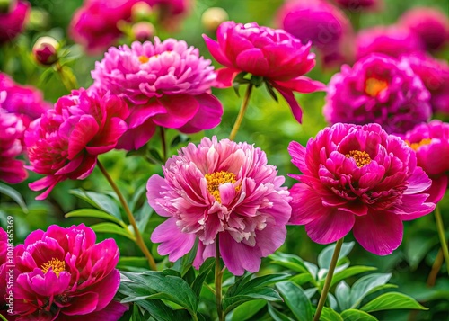 Beautiful blooming Paeonia flowers in vibrant colors against a blurred green garden background