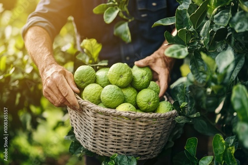 A man picks green bergamot fruits from a tree into a wicker basket. Sun rays on the background. Copy space. Concept: Eco-friendly, Seasonality and naturalness, harvesting