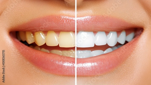 Before and after teeth whitening transformation on a smiling woman.