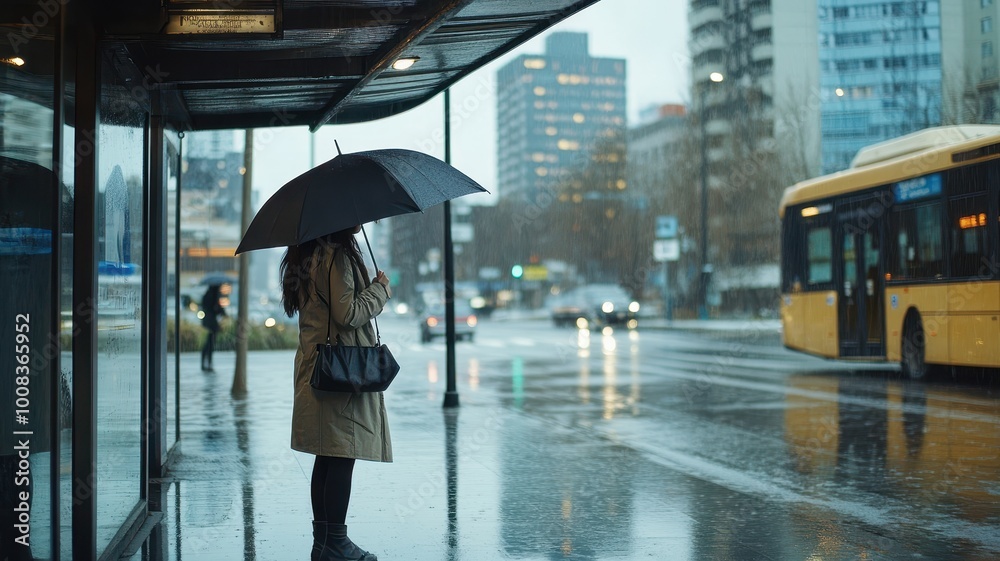 Obraz premium Young woman waiting for public transport inside modern transparent shelter,woman holding a umbrella and standing on a bus stop while waiting for a public transport on a rainy day at the night.