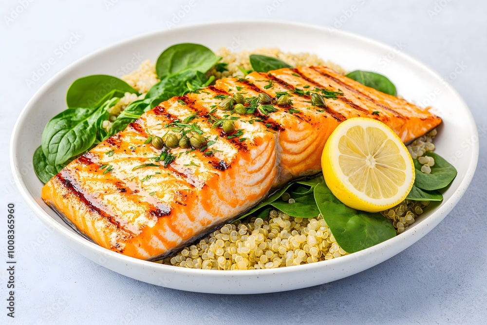 A Grilled Salmon Over A Bed Of Spinach And Quinoa, Topped With A Lemon Caper Sauce And Fresh Dill, Healthy Food Photography, Food Healthy Menu Style Photo Image A Grilled Salmon Over A Bed Of Spinach And Quinoa, Topped With A Lemon Caper Sauce And Fresh Dill, Healthy Food Photography, Food Healthy Menu Style Photo Image